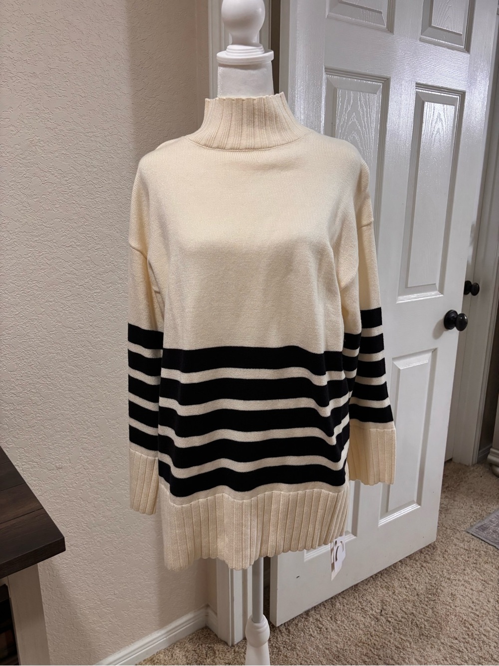 Commense Cream and Black Striped Cowl Sweater